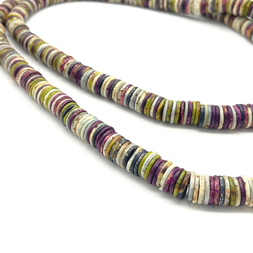 Long Multi Color Heishi Disc Bead Necklace Purple Green Cream Earthy Boho 44in